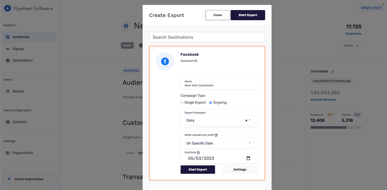 Set an end date on your audience exports in your Flywheel dashboard.